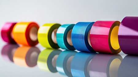 A row of colorful self-adhesive tape rolls, each tilted at a slight angle on a reflective white surface.の素材