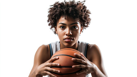A focused basketball player in a jersey gripping a ball with both hands, isolated on a white background.の素材