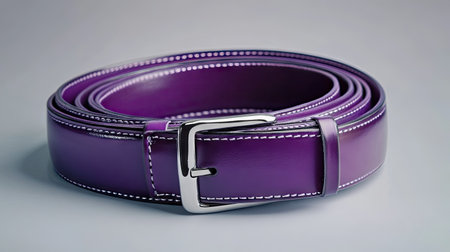 A glossy purple leather belt unrolled with its buckle displayed prominently, isolated on a gradient gray background.の素材