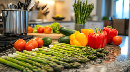Fresh asparagus spears spread out on a kitchen countertop with colorful vegetables in the background.の素材