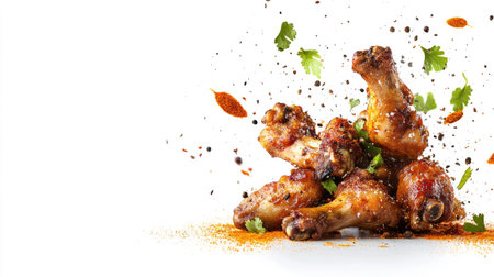 Flavorsome roasted chicken wings with a sprinkle of flying spices, creating a tasty, energetic scene against a white background.の素材