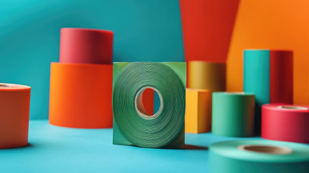 A roll of green adhesive tape standing upright, with other rolls forming a colorful backdrop.の素材