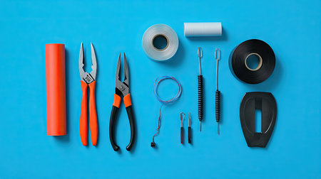 A flat lay of wire connectors, pliers, and rolls of electrical tape on a bright blue surface.の素材