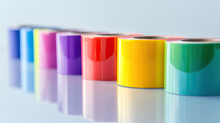 A row of colorful self-adhesive tape rolls, each tilted at a slight angle on a reflective white surface.の素材