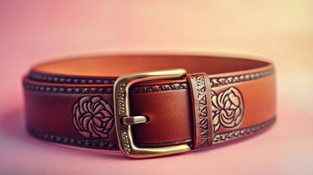 A glossy brown leather belt with a decorative buckle, highlighted against a soft pastel backdrop.の素材