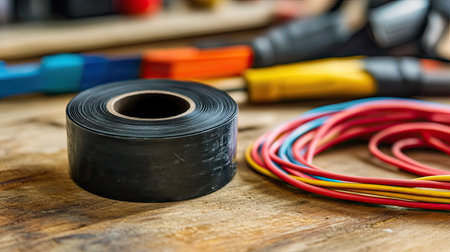A roll of electrical tape in black, lying beside colorful wires on a wooden workbench.の素材