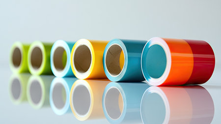 A row of colorful self-adhesive tape rolls, each tilted at a slight angle on a reflective white surface.の素材