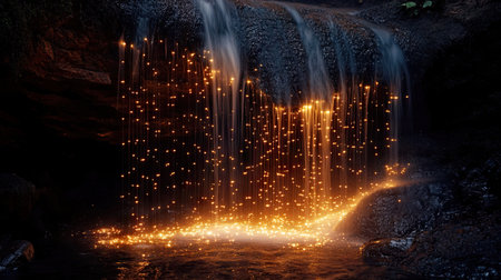 A gentle cascade of glowing lights flowing through the darkness, creating an ethereal, dreamlike dance.の素材