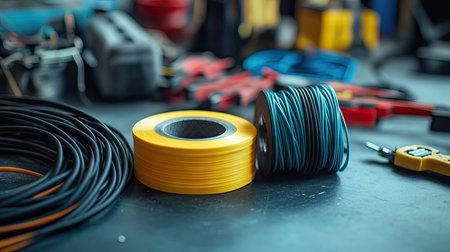A roll of electrical tape resting beside an assortment of insulated wires and wire strippers.の素材