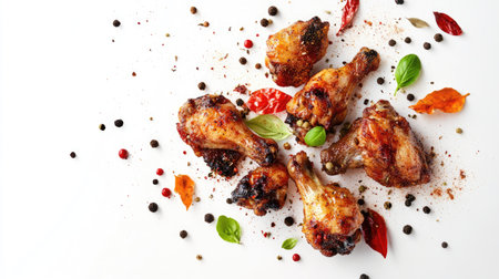 Flavorsome roasted chicken wings with a sprinkle of flying spices, creating a tasty, energetic scene against a white background.の素材