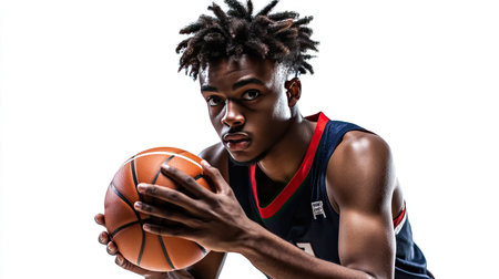 A focused basketball player in a jersey gripping a ball with both hands, isolated on a white background.の素材