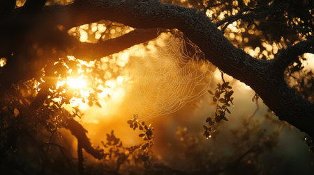 Spider web nestled in the branches of a tree, shimmering with dew under the golden sunrise.の素材