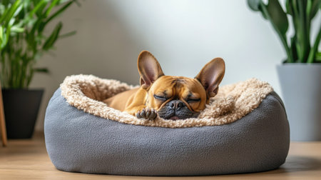Small dog curled up on a fluffy dog bed pillow, enjoying a peaceful nap under a cozy blanket.の素材