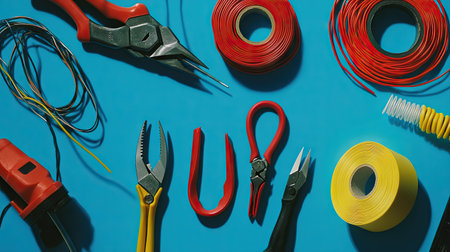 A flat lay of wire connectors, pliers, and rolls of electrical tape on a bright blue surface.の素材