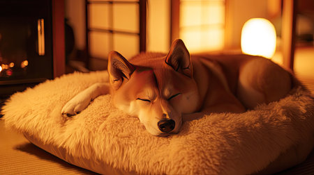 Sleepy dog resting on a fluffy pillow dog bed, surrounded by soft lighting and warm ambiance.の素材