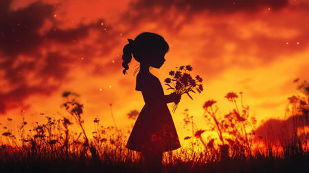 Silhouette of a young girl holding a bouquet of wildflowers, with a breathtaking sunset in the background.の素材
