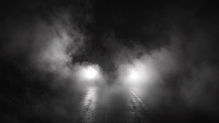 A foggy highway with headlights barely visible through dense mist, creating a mysterious and moody atmosphere.の素材