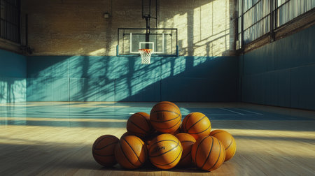 Stack of basketballs resting on the wooden gym floor, with an empty basketball court in the background.の素材