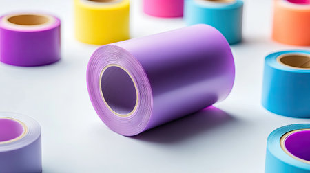 A roll of purple self-adhesive tape being unrolled, with other colorful rolls scattered around.の素材