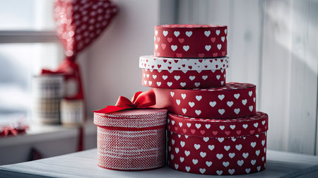 Stacked gift boxes in red and white with heart patterns, perfect for Valentine's celebrations.の素材