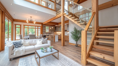 Elegant wooden stairs with glass railings, leading to a loft area in a bright, modern home.の素材