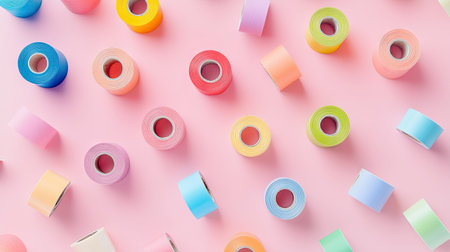 A flat lay of multi-color adhesive tape rolls arranged in a grid pattern on a pastel pink background.の素材
