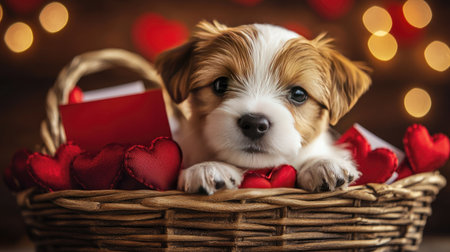 Puppy lying in a basket filled with red hearts and Valentine's Day cards.の素材