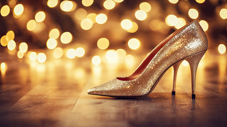 Pair of stylish high heel wedding shoes on a wooden surface with soft, romantic lighting.の素材