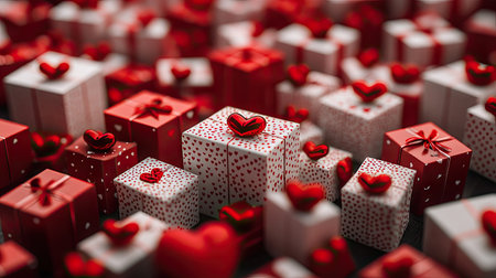 Red and white Valentine gift boxes stacked with tiny red hearts scattered around.の素材