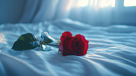 A beautiful red rose on a white bed, surrounded by soft textures and a dreamy, romantic glow, perfect for a honeymoon suiteの素材
