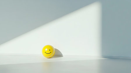 Minimalist design with a single yellow smiley face sticker standing out on a bright white canvas.の素材