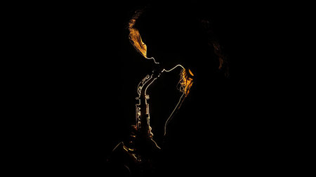 A saxophone player in silhouette, with only the saxophone illuminated in golden light against pure black.の素材