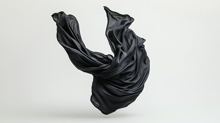 A folded black t-shirt unfolding mid-air, creating dynamic lines and movement against a white background.の素材