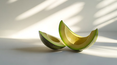 A fresh avocado with one half peeled and the pit removed, laid on a white surface with smooth lightingの素材
