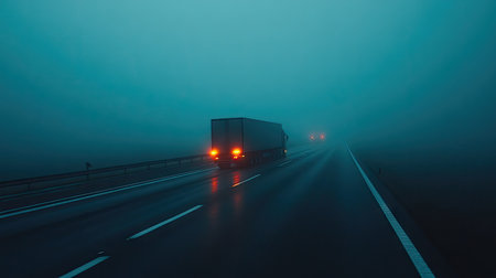 A semi-truck driving on a foggy highway, its lights glowing faintly in the dense atmosphere.の素材