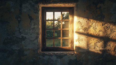A rustic window with a wooden visor, creating elongated shadows across the cracked wall of an old farmhouseの素材