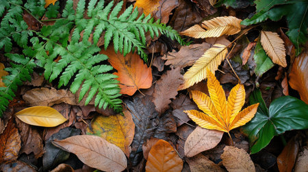 A variety of ferns growing on a forest floor, with fallen leaves and soft sunlight filtering through the treesの素材