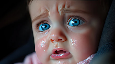 A baby girl crying in a car seat, her eyes filled with tears as she looks out the windowの素材