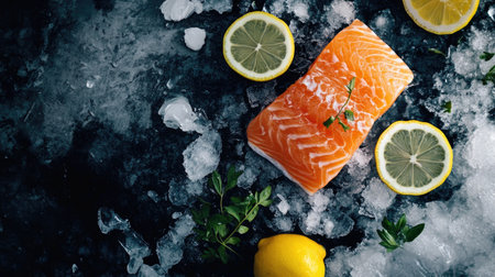 A fresh raw salmon fillet on ice, with a few lemon slices and herbs placed nearby for garnishの素材