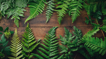 A beautifully arranged display of fern leaves on a wooden table, showcasing their intricate patterns and texturesの素材
