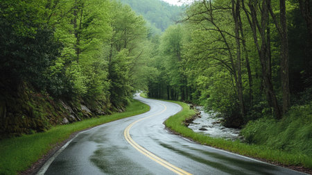 A scenic drive through a narrow green valley, with a pristine stream flowing parallel to the highwayの素材