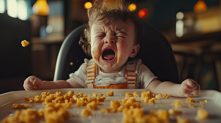 A baby girl crying in a high chair, food scattered around her as she shows frustration and sadnessの素材