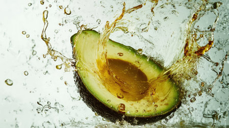 A fresh, ripe avocado sliced lengthwise, with its creamy flesh and seed visible, isolated on a white backgroundの素材
