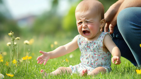 A baby girl sitting on the grass, her face scrunched up in tears as she reaches for her parentの素材