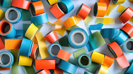 A scattered arrangement of colorful adhesive tape rolls with one roll partially unrolled.の素材