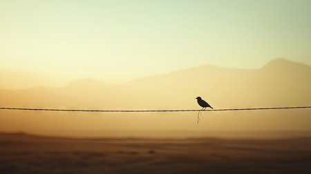 A single bird on an electric wire in a desolate area, with a vast desert landscape beneathの素材
