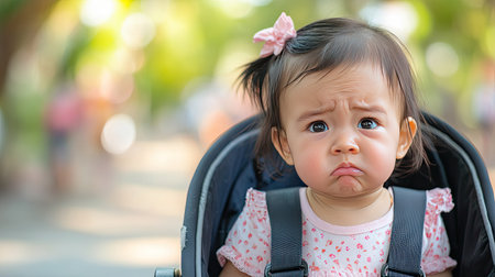 A baby girl crying in a stroller, her face full of emotion as she looks out into the distanceの素材