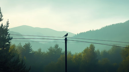 A small bird perched on a power line, surrounded by distant treetops and a serene mountain viewの素材