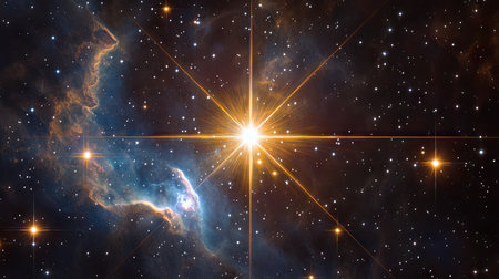 A sharp, white lens flare bursting from the corner of the frame, overlaying a vibrant cosmic nebulaの素材