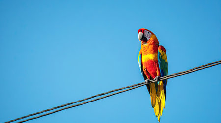 A vibrant parrot sitting alone on a power line, framed against a clear blue tropical skyの素材